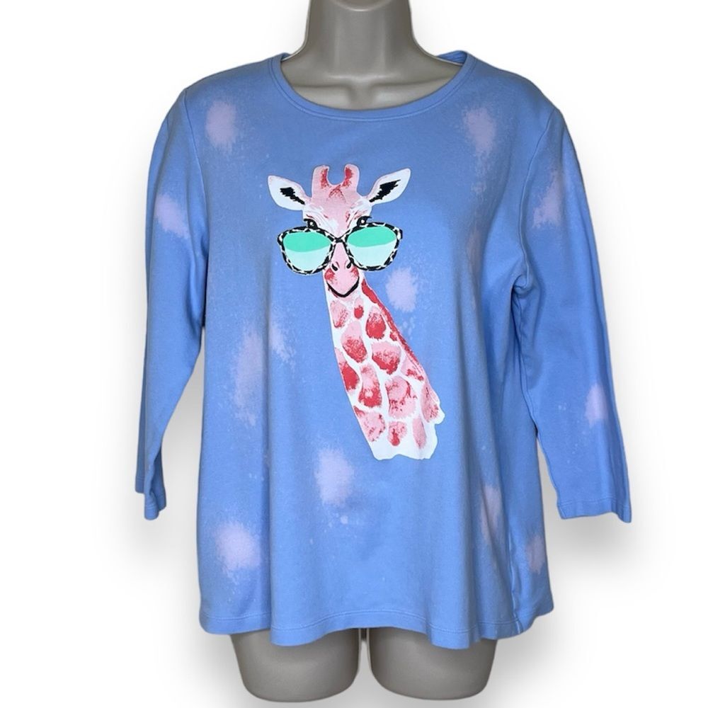 Kim Rogers Perfectly Soft Giraffe Sunglasses Blue Bleach Dyed Shirt Women Medium